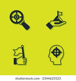Set Target with magnifying glass, Head hunting, Hand holding flag and Mountains icon. Vector