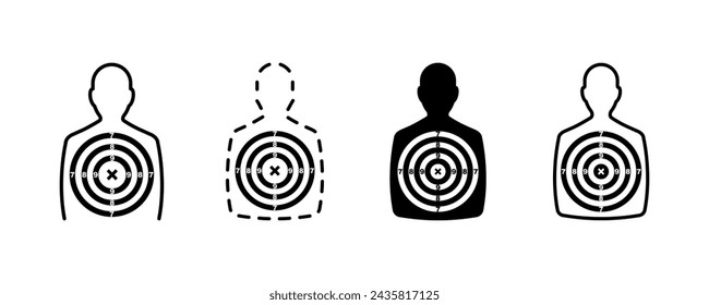 Conjunto de iconos de vector de hombre de destino. Silueta negra humana para tomas de cuerpo de rango. Entrenamiento de tiro.