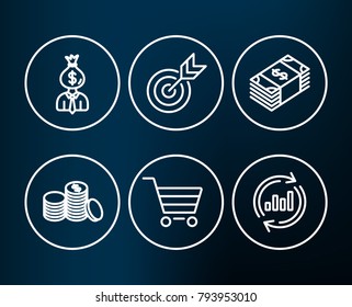 Set of Target, Manager and Usd currency icons. Market sale, Banking money and Update data signs. Targeting, Work profit, Buying commerce. Customer buying, Cash finance, Sales chart.  Editable stroke