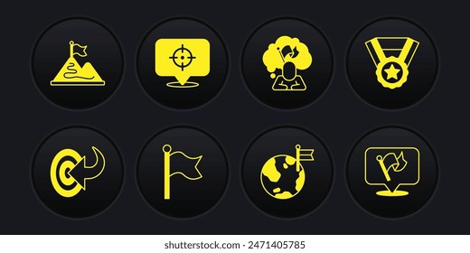 Set Target, Medal, Flag, Planet with flag, Man holding,  and Mountains icon. Vector