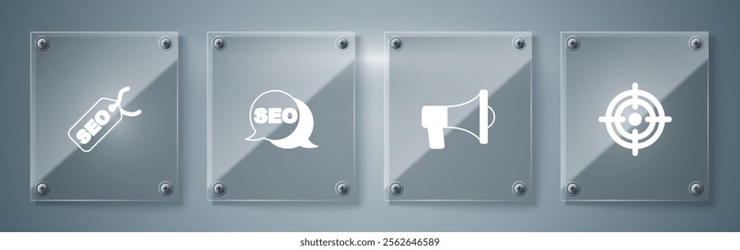 Set Target, Megaphone, SEO optimization and . Square glass panels. Vector