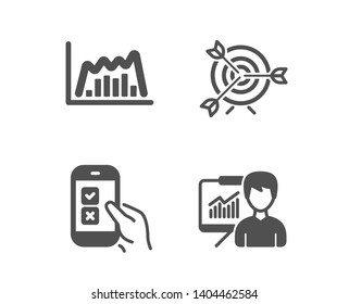 Set of Target, Mobile survey and Infographic graph icons. Presentation sign. Targeting, Phone quiz test, Line diagram. Education board.  Classic design target icon. Flat design. Vector