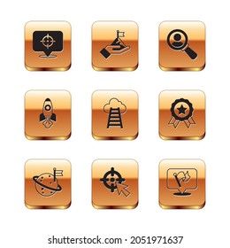 Set Target, Moon with flag, Stair finish, Rocket ship, Magnifying glass for search, Flag and Mountains icon. Vector
