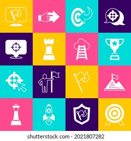 Set Target, Mountains with flag, Award cup, Chess, Flag and Stair finish icon. Vector