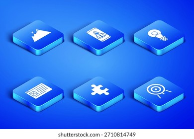 Set Target, Mountains with flag, Piece of puzzle, Browser window, Startup project concept and Head lamp bulb icon. Vector