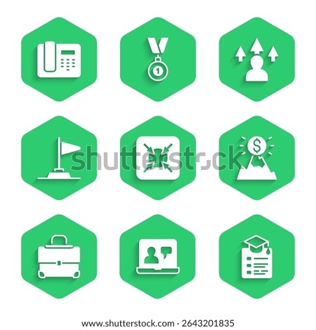 Set Target, Online education, Mountains with flag, Briefcase, Flag, Front end development and Telephone 24 hours support icon. Vector