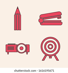 Set Target, Pencil, Office stapler and Presentation, movie, film, media projector icon. Vector
