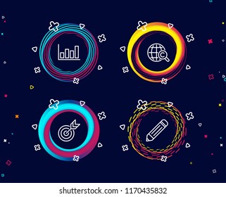 Set of Target, Report diagram and International Ð¡opyright icons. Pencil sign. Targeting, Financial market, World copywriting. Edit data.  Circle banners with line icons. Gradient colors shapes