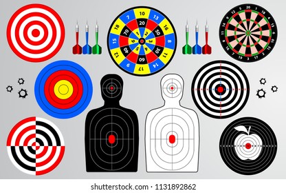 Set of target, shooting range, dartboard, man isolated, archery for sport practice training. Creative vector illustration.
