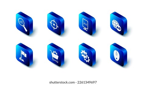 Set Target sport, Advertising, Computer mouse, Shopping cart, Location marker and Magnifying glass and analysis icon. Vector