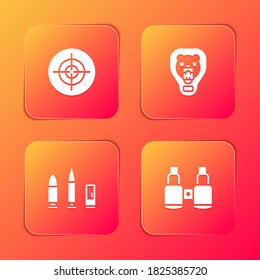 Ajuste el deporte de destino, la cabeza del oso sobre el escudo, el icono Bullet y el cartucho y los Binoculares. Vector.