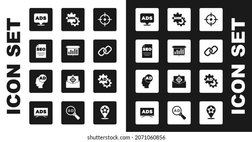 Establecer el deporte de destino, el tablero con gráfico gráfico de gráficos, optimización de SEO, publicidad, enlace de cadena, marketing de medios sociales e icono. Vector