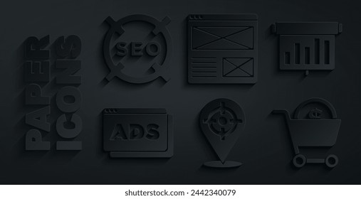 Set Target Sport, Board mit Diagramm, Werbung, Warenkorb und Dollar, Browser-Fenster und SEO-Optimierung Symbol. Vektor