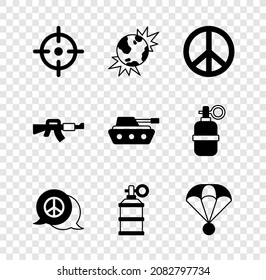 Set Target sport, Bomb explosive planet earth, Peace, Hand smoke grenade, Parachute, M16A1 rifle and Military tank icon. Vector