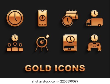 Establecer el deporte de destino, el tiempo de entrega, el Gamepad de, el tiempo para el libro, la gestión, el calendario y el reloj, el icono móvil de la aplicación de reloj y alarma. Vector