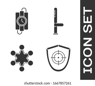 Set Target sport, dynamite stick and timer clock, Police badge and Police rubber baton icon. Vector