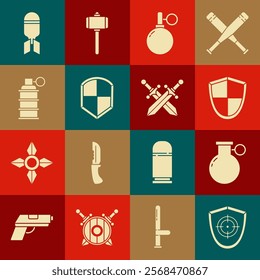 Set Target sport, Hand grenade, Shield, Aviation bomb and Crossed medieval sword icon. Vector