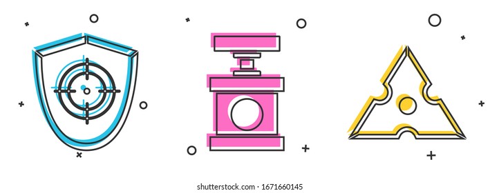 Ajuste el deporte Target, el detonador de la manija para dinamita y el icono japonés ninja shuriken. Vector