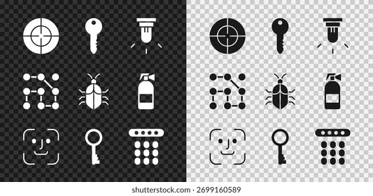 Set Target sport, Key, sensor de movimiento, reconocimiento facial, llave antigua, protección de Contraseña, Contraseña gráfica e ícono de concepto de error del sistema. Vector