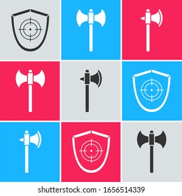 Set Target sport, Medieval axe and Medieval axe icon. Vector