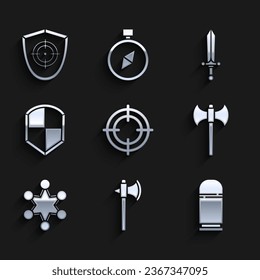 Set Target sport, Medieval axe, Cartridges, Police badge, Shield, sword and  icon. Vector