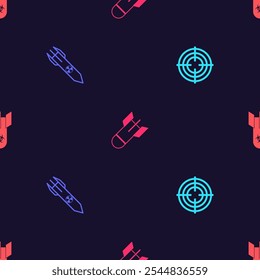 Set Target sport, Nuclear rocket, Aviation bomb and Biohazard on seamless pattern. Vector