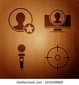 Set Target sport, Premium create account screen, Joystick for arcade machine and Create account screen on wooden background. Vector