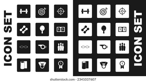 Set Target sport, Racket for playing table tennis, Dumbbell, Sport mechanical scoreboard, with arrow, Bowling pin and Glasses swimming icon. Vector