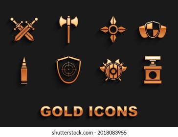 Deporte objetivo, escudo, detonador de manija para dinamita, escudo medieval con hachas cruzadas, bala, shuriken ninja japonés, espada medieval cruzada e icono. Vector