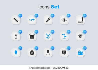 Set Target sport, Sniper optical sight, Tree, Bulletproof vest, Deer antlers on shield, Hunting cartridge belt and Slingshot icon. Vector