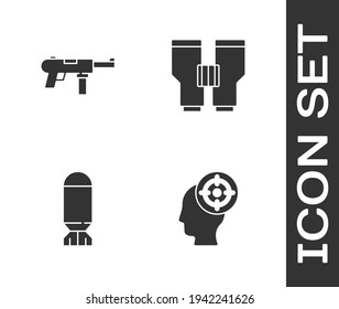 Juego Deportes de destino, subametralladora M3, bomba de aviación e icono de Binoculares. Vector