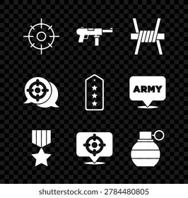 Set Target sport, Submachine gun M3, Barbed wire, Military reward medal, Hand grenade,  and rank icon. Vector