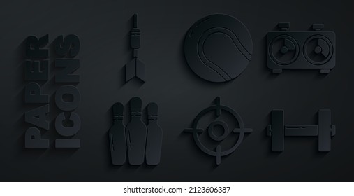 Set Target sport, Time chess clock, Bowling pin, Dumbbell, Baseball ball and Dart arrow icon. Vector