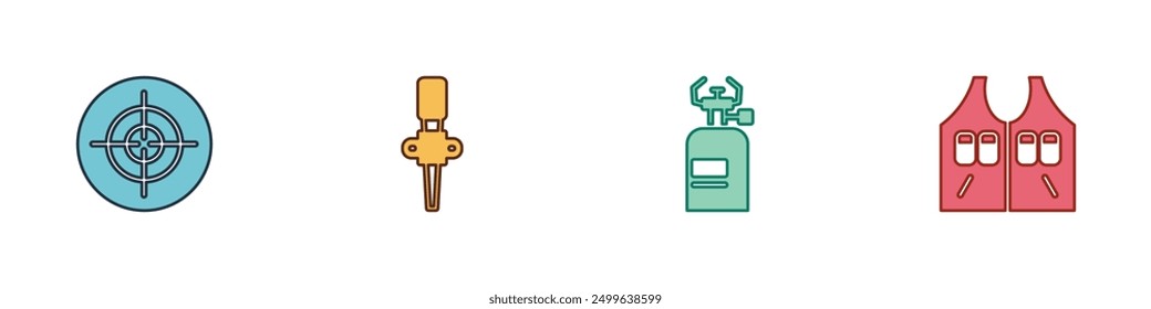 Set Target deporte, llama de la antorcha, estufa de gas de camping y icono de chaqueta de caza. Vector