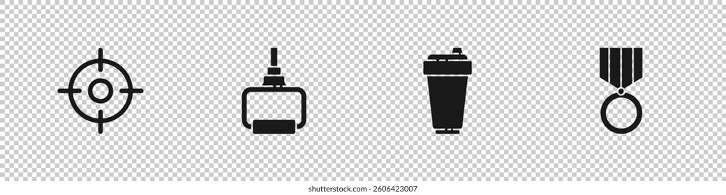 Set Target sport, TPX loop training equipment, Fitness shaker and Medal icon. Vector