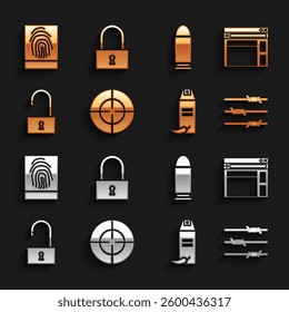 Set Target sport, Website template, Barbed wire, Pepper spray,  Open padlock, Bullet, Fingerprint and Lock icon. Vector