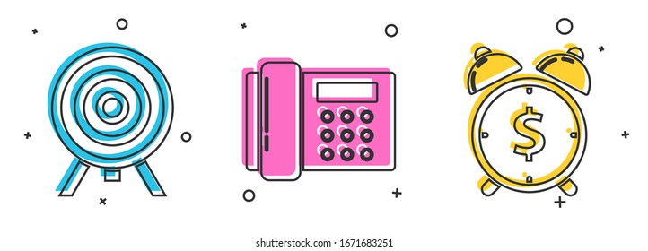 Set Target, Telephone and Alarm clock with dollar symbol icon. Vector