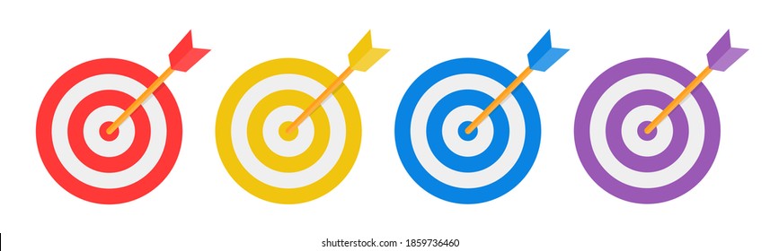 Set of Target vector icon. Colored Target with arrow. Arrows hitting the target. Victory signs isolated on white background. Modern flat design elements. Vector illustration.