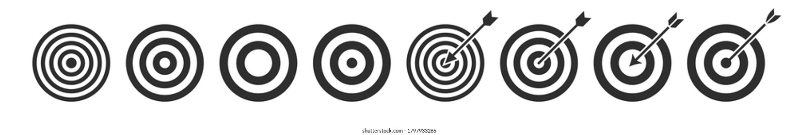 Set Target vector icons. Target and arrow. Arrows hitting the target. Victory signs isolated on white background.