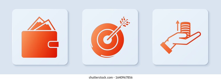 Set Target, Wallet with stacks paper money cash and Money on hand. White square button. Vector