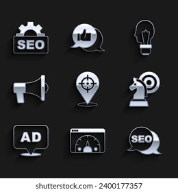 Set Target, estadísticas de sitios web, optimización SEO, ajedrez, publicidad, megáfono, bombilla con concepto de idea e icono. Vector
