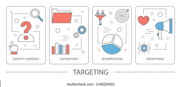 Set of targeting vertical banners. Audience identifying, data gathering, segmentation and advertising. Idea of marketing strategy and customer engagement. Isolated line vector illustration