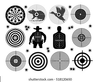 Set Of Targets Shoot Gun Aim Animals People Man Isolated. Sport Practice Training. Sight, Bullet Holes. Targets For Shooting. Darts Board, Archery. Vector Illustration.