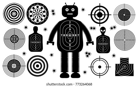 Set Of Targets Shoot Gun Aim People Man Isolated. Sport Practice Training. Sight, Bullet Holes. Targets For Shooting. Darts Board, Archery. Vector Illustration.