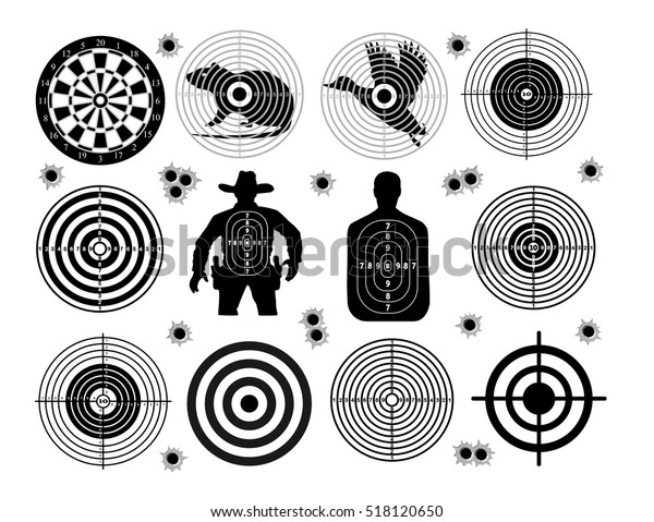 Set of targets shoot\
gun aim animals people man isolated. Sport Practice Training.\
Sight, bullet holes. Targets for shooting. Darts board, archery.\
vector illustration.