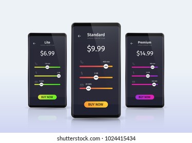 Set of tariff plans of mobile operator vector illustration. Ux Ui interface for web apps template isolated banner in cell phone