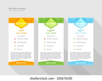 Fixez les tarifs. pour le site. bannière vectorielle ui ux pour application web. Table de tarification pastel, bannière, commande, boîte, bouton, liste et puce avec plan de site web