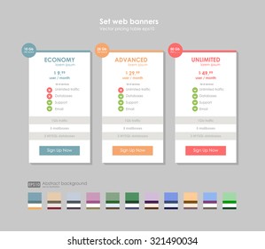 Fixez les tarifs. pour le site. bannière vectorielle ui ux pour application web. Table de prix Pastel, bannière, commande, boîte, bouton, liste et puce avec plan de site web en design plat