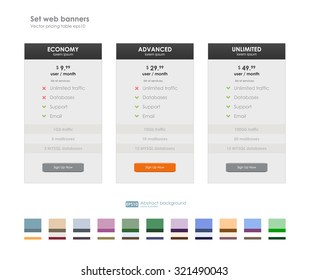 Fixez les tarifs. pour le site. bannière vectorielle ui ux pour application web. Table de prix Pastel, bannière, commande, boîte, bouton, liste et puce avec plan de site web en design plat