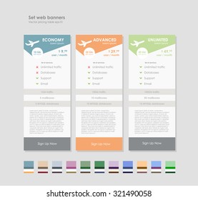 Set tariffs. interface for the site. ui ux vector banner for web app. Pastel pricing table, banner, order, box, button, list and bullet with plan for website in flat design